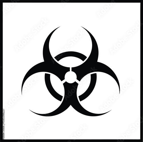 Black biohazard symbol on a white background with a black border danger warning