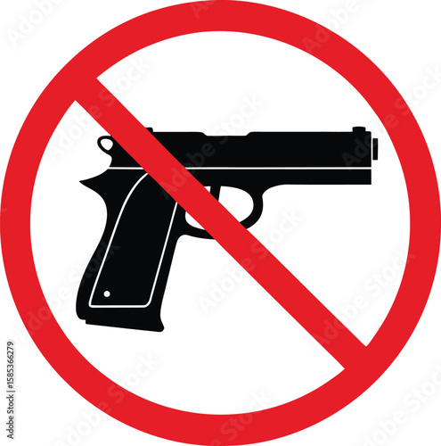Black pistol silhouette inside a red prohibition circle with a diagonal line no guns allowed