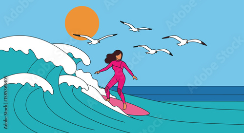 A vibrant illustration depicts a female surfer skillfully riding a large ocean wave under a bright sun with seagulls flying above.