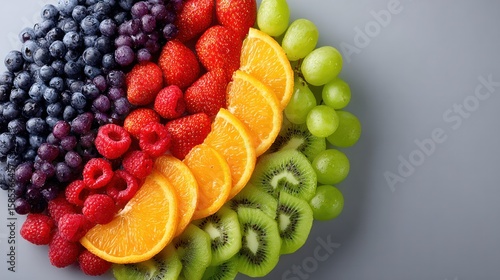 Colorful fruits and vegetables arranged in a circular pattern, celebrating natural abundance and healthy eating.