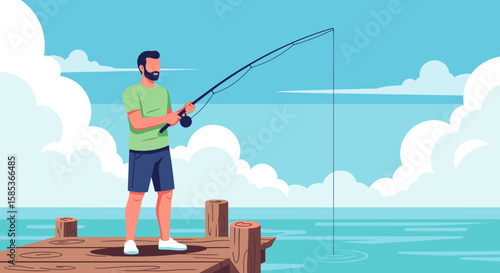 A bearded man in casual attire enjoys a peaceful day of fishing from a wooden pier over calm blue water under a clear sky.