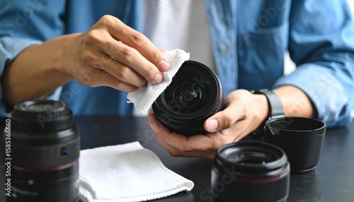 Person Cleaning Camera Lens With Cloth