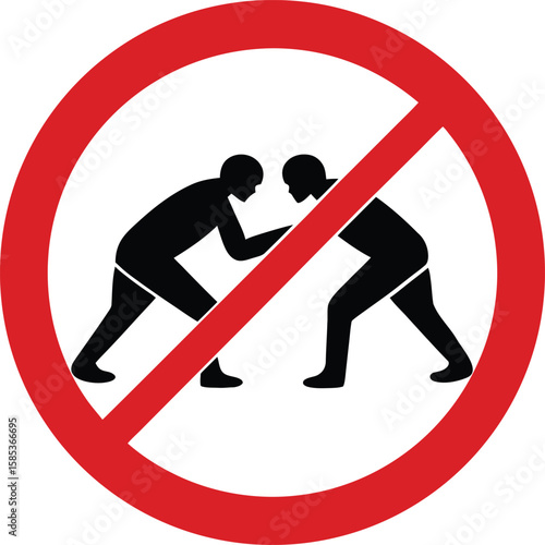 Red prohibition circle with black silhouette of two people arm wrestling forbidden