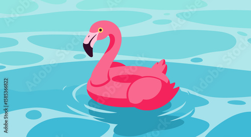 A cheerful pink flamingo inflatable floats serenely on the shimmering blue water, evoking summer vacation and relaxation.