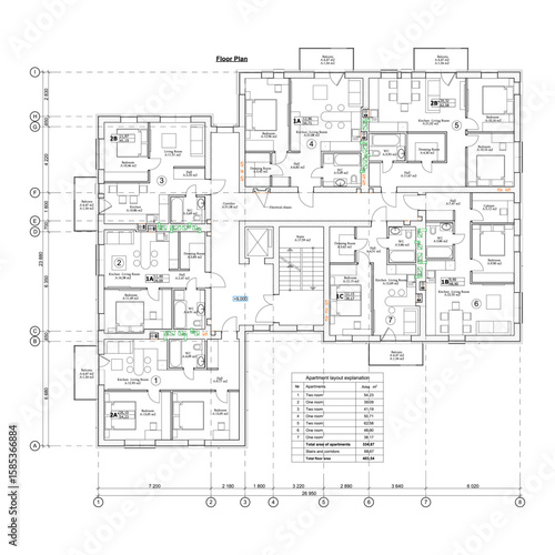Vector architectural project of a multistory building floor plan