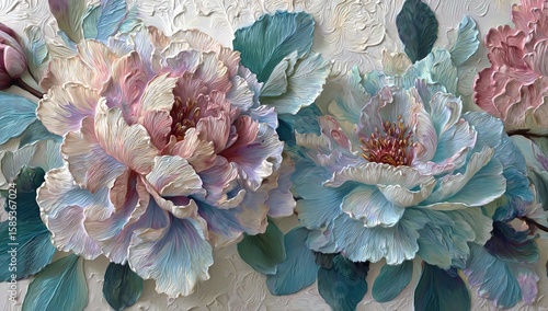 3D Floral Painting: Pastel Pink and Teal Flowers with Green Leaves on Cream Background, Surrealistic Close-Up of Peony and Magnolia Petals
