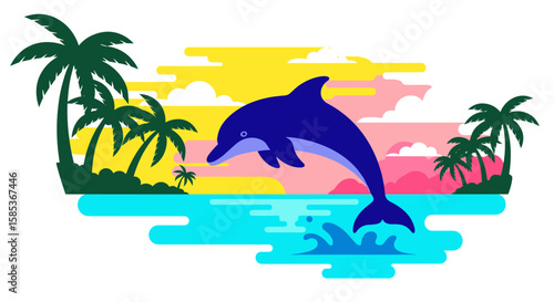 A vibrant illustration showcases a playful dolphin leaping from the ocean against a colorful sunset backdrop, with palm trees adding a tropical touch to the cheerful scene.