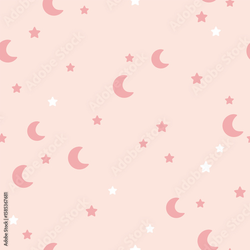 Minimalist seamless pattern with pink moon and stars for nursery, fabric, textile, background, print. Celestial illustration.