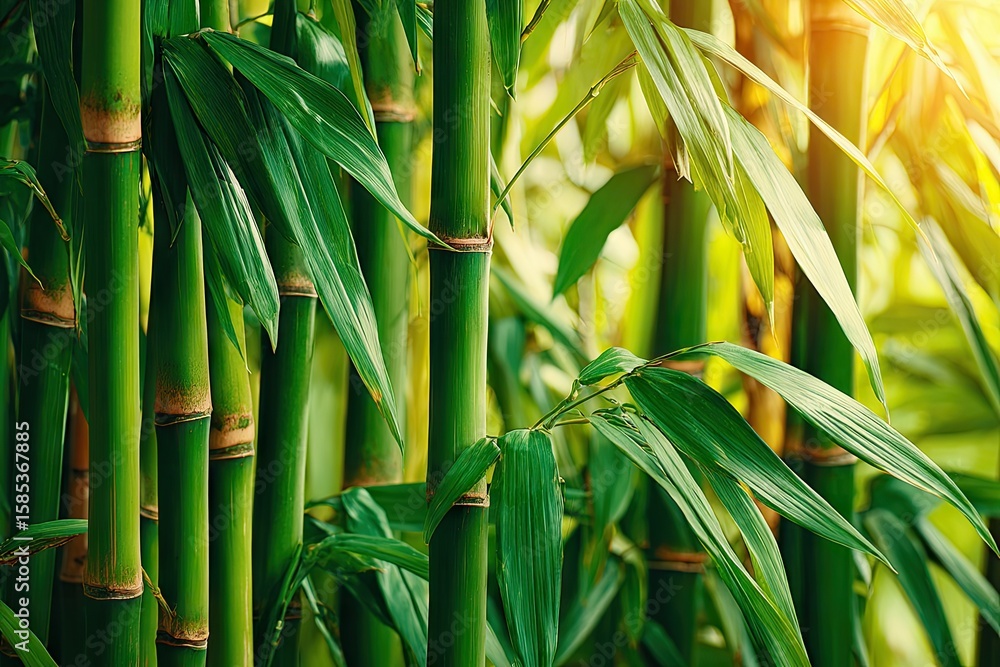 Fototapeta premium Lush green bamboo stalks and leaves in a dense forest. Sunlight filters through the foliage