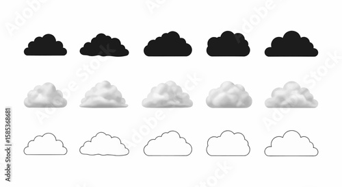 Clouds Collection Vector Set for Weather Forecast and Atmospheric Design, Featuring a Range of Realistic and Stylized Cloud  Illustrations