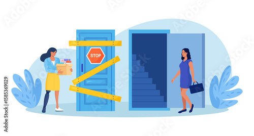 Ableism, discrimination, prejudice against hiring people with disability, unequal rights. Woman with disability cannot move up career ladder. Person with prosthesis has mobility problems