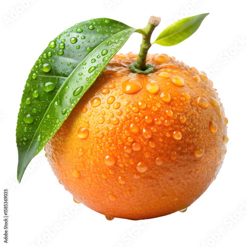 Fresh ripe orange fruit covered in water droplets with green leaves isolated on transparent background