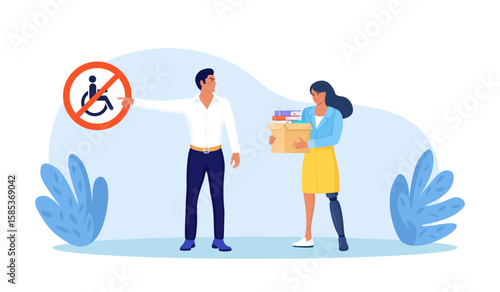Discrimination against people with disabilities. Woman with prosthesis is fired, employer points at forbidden sign. Sad jobless person, career failure. Unemployed have problems in job seeking