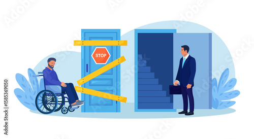 Ableism, discrimination, prejudice against hiring people with disability, unequal rights. Man with disability cannot move up career ladder. Person in wheelchair with mobility problems