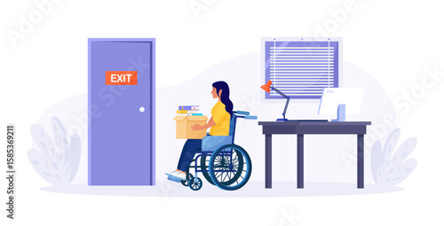 Discrimination against disabled people. Woman in wheelchair is fired. Sad jobless person, career failure. Unemployed have problems in job seeking. Diversity and inclusion concept