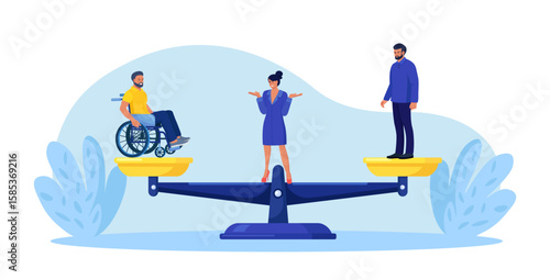 Ableism. Discrimination and social prejudice against people with disabilities. Unequal rights, difficult to integrate into team. Tiny person with wheelchair on unbalanced scales. Recruitment balance