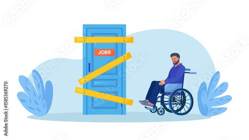 Ableism concept. Discrimination and social prejudice against people with disabilities. Jobless person in wheelchair trying find job employers rejected of worker. Dismissal, career failure