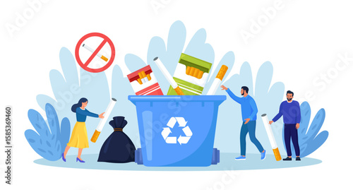 Quit smoking. Smokers quitting smoke tobacco, rejecting from unhealthy bad habit. People throw away cigarette packaging in trash can to avoid nicotine addiction