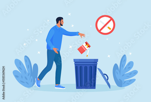 Quit smoking concept. Man throws away packaging in trash can. Stop nicotine addiction. Smokers quitting smoke cigarettes, refusing from tobacco, rejecting from unhealthy bad habit