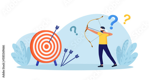 Businessman with closed eyes trying to shoot arrows with bow to hit bullseye but failed miserably. Person aiming with archery at target incorrectly. Wrong business goals, strategies and failure