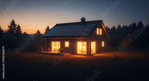 Illustration of cozy cottage with solar panels on the roof glows warmly with interior lights against darkening twilight sky, nestled in natural landscape