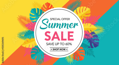 A summer sale banner with colorful tropical leaves framing the text "Summer Sale Save up to 60%" on a diagonally split yellow and blue background, perfect for advertising.