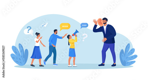 Businessman with big ear to hear people. Leader hearing voice of employees on meeting. Skill of boss to listen to advice, suggestions and opinions. Manager talking with customers, client feedback
