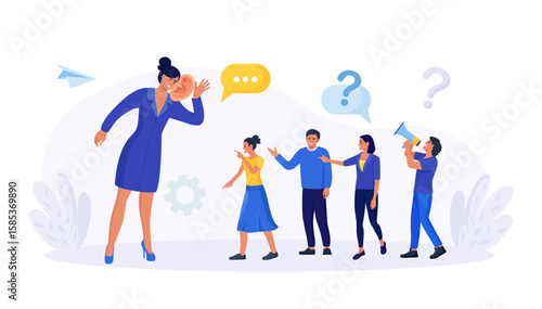 Businessman with big ear to hear people. Leader hearing voice of employees on meeting. Skill of boss to listen to advice, suggestions and opinions. Manager talking with customers, client feedback