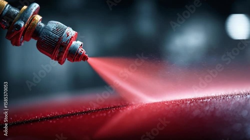 Precision Spray Painting: A close-up of a spray gun precisely applying vibrant red paint onto a surface, symbolizing the modern processes of industry