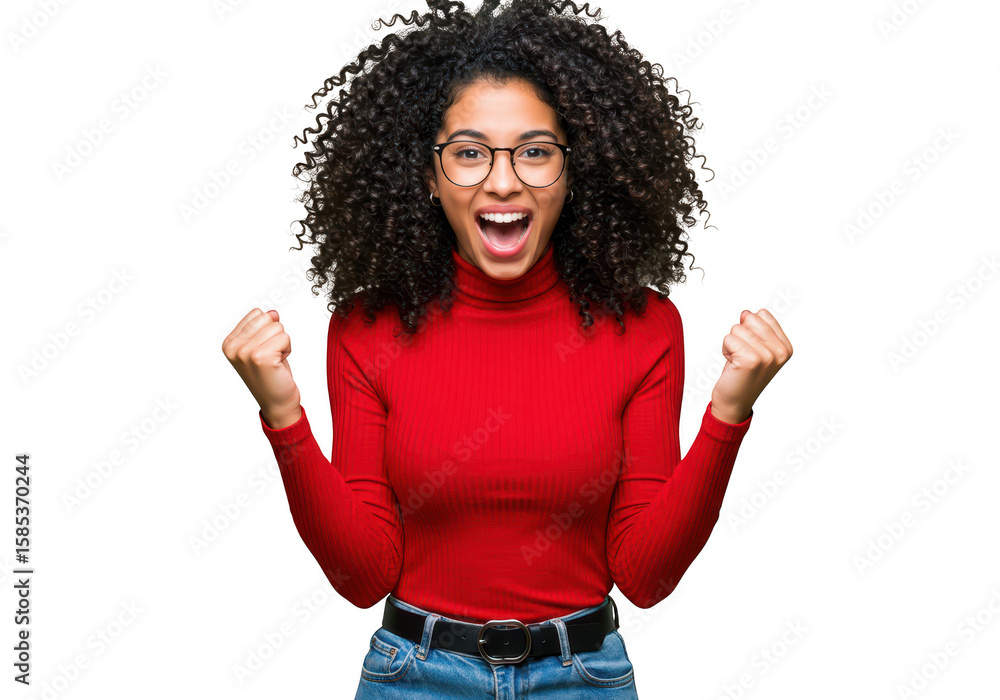 Fototapeta premium A cheerful young woman with curly hair, isolated on transparent background, celebrates with excitement, wearing a red sweater and glasses