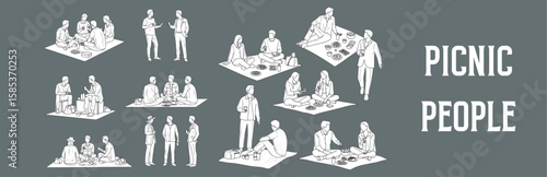 Architectural Drawings picnic People vector illustration, front view, human person Minimal style hand drawn. Sections, Elevations, Floor Plans