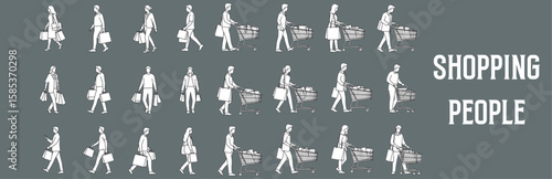 Architectural Drawings shopping People vector illustration, front view, human person Minimal style hand drawn. Sections, Elevations, Floor Plans