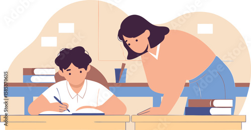 vector illustration of a teacher helping her student with school tasks