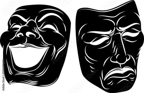 Theatre drama theater comedy tragedy masks in a vintage woodcut style