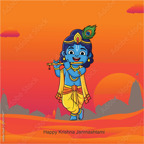 Krishna Janmashtami: Celebrating Shri Krishna’s Birth with Flute, Peacock Feather, and Temple Silhouettes under Dawn’s Sacred Glow  Hindi Typography ‘Krishna’ with Dahi Handi  Devotional Symbolism 