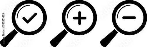 Zoom In and Zoom Out icons. Search icons. Magnifying Glass icons. Searching success icons. magnifier with plus and minus.  loupe with check mark sign.
