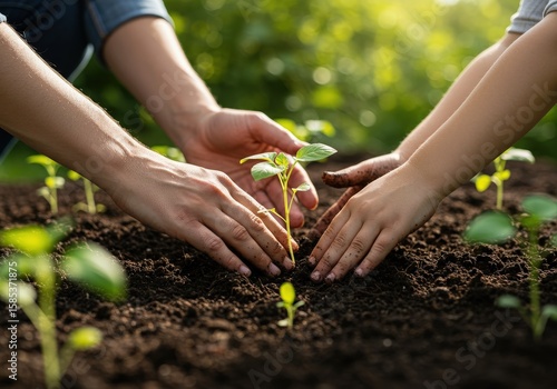 Hands plant a young seedling in rich soil, symbolizing growth, family, and nurturing a future of sustainability and environmental care.