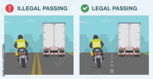 Safe driving tips and traffic regulation rules. Legal and illegal passing. Back view of a motorcycle rider overtaking a truck on motorway by passing the double solid lines. Flat vector illustration.