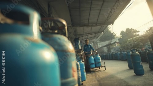 Gas Cylinder Worker: An industrial scene unfolds with a worker diligently transporting gas cylinders, showcasing the hard work and essential services within a commercial facility.