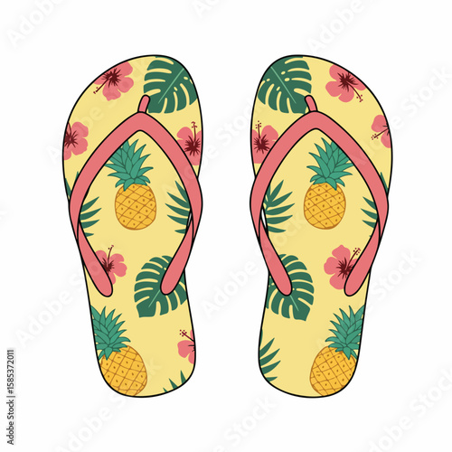 Image effects with cute pair of flip-flops featuring pineapples and tropical leaves on yellow background. Image effects enhance beach mood.