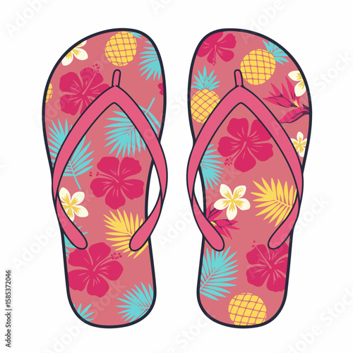 Image effects with summer flip flops. Pink flip flops create image effects with tropical elements, including hibiscus flowers and pineapple designs, giving a refreshing image effect.