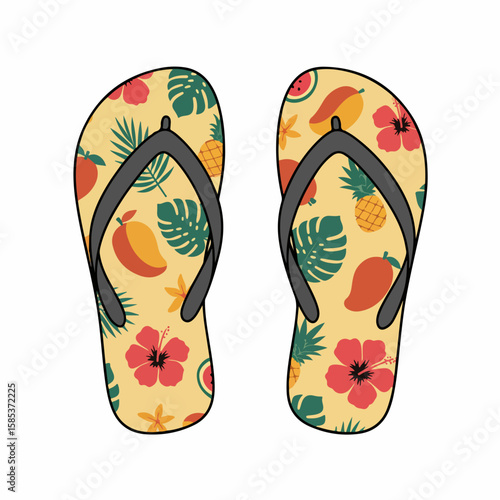 Tropical flip flops lie on white, decorative sandals for tropical flip flops concept. Colorful tropical flip flops with floral designs, perfect for vacation and warm weather.