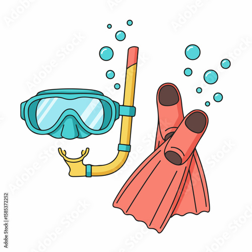 Diving gear illustration showcases mask, snorkel, and flippers on white backdrop. This diving gear arrangement displays snorkel, flippers, and mask, ideal for swim instruction.