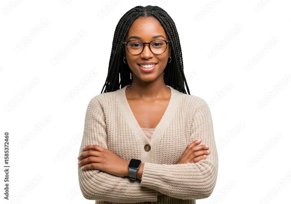 Obraz premium A young african american woman with braids and glasses is smiling isolated on transparent background