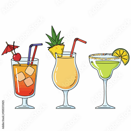 Fresh summer cocktails on white background, refreshing alcoholic drinks. Summer cocktails include classic margarita, tropical pina colada, and iced juice with cherry.