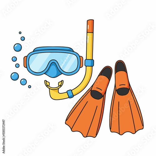 Snorkeling gear includes mask and orange flippers for underwater exploration. Snorkeling gear shown with vibrant colors highlights recreation and swimming adventure.
