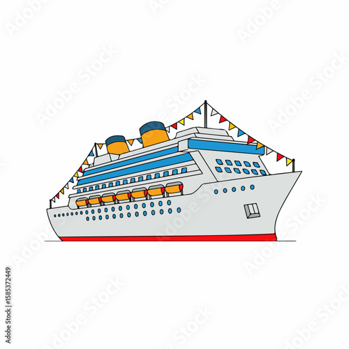 Cruise ship decorated with colorful flags, an illustration of water transport. Cruise ship is festive and ready for vacation voyage. Cruise ship for travel agency advertisement or banner design.