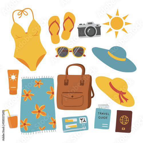 Beach vacation essentials laid out in bright colors. Beach vacation arrangement shows suitcase, swimsuit, travel tickets, and passport, evoking summer getaway vibes.