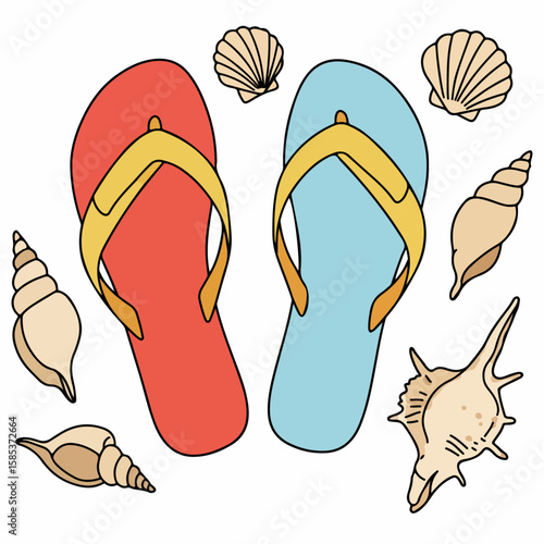 Flip flops with seashells for summer fun, featuring red and blue sandals and natural shells. Flip flops convey summer vibes, ideal for beach lovers and sun-seekers.