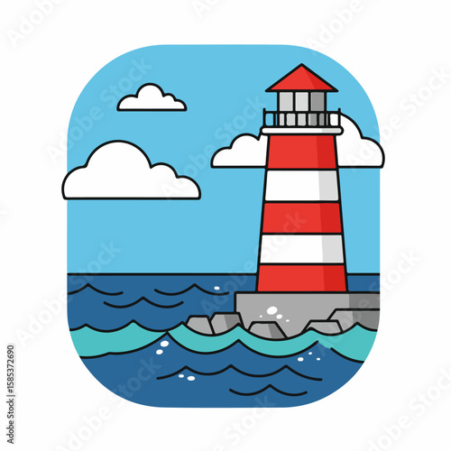 Striking lighthouse stands sentinel against blue sky, lighthouse features iconic red and white stripes, providing guidance to ships.
